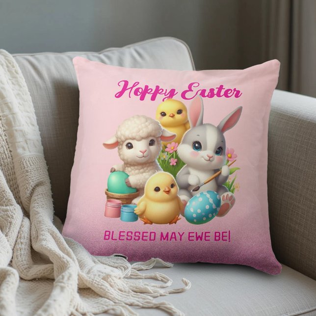 Hoppy Easter Cute Bunny Chicks Lamb Painting Eggs Throw Pillow (Hoppy Easter Throw Pillow Cover Photo)
