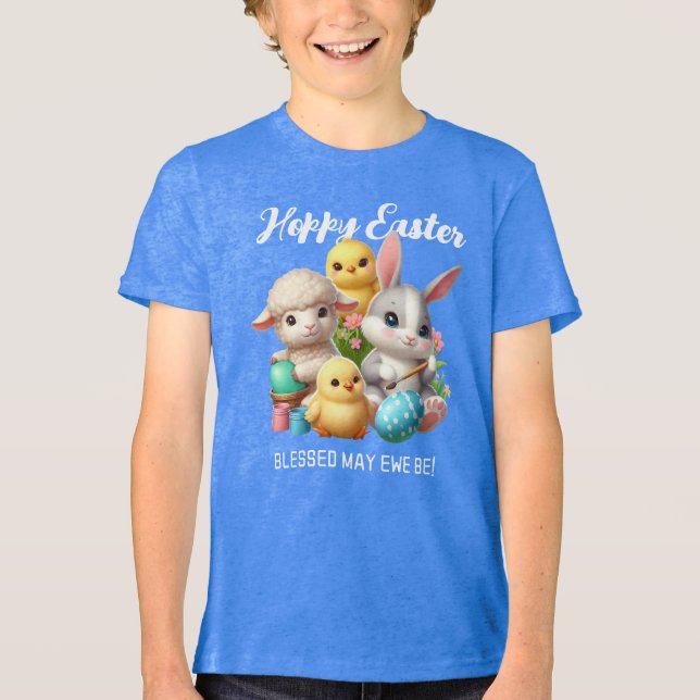 Hoppy Easter Cute Bunny Chicks Lamb Painting Eggs Tri-Blend Shirt (Front)