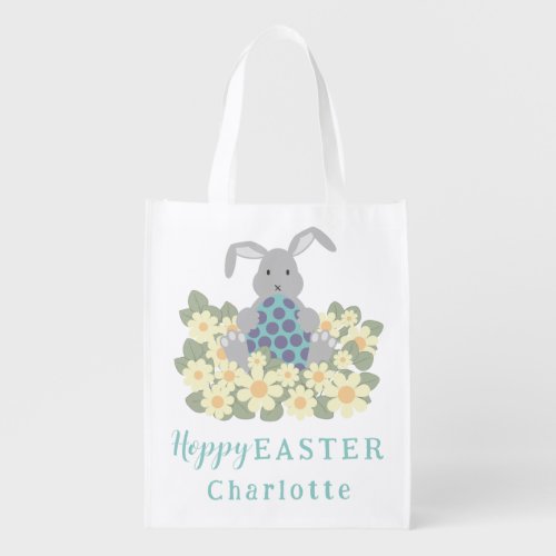 Hoppy Easter Egg Hunt Bunny Floral Add Name Grocery Bag