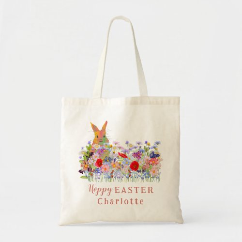 Hoppy Easter Egg Hunt Bunny Wildflowers Kids Name Tote Bag