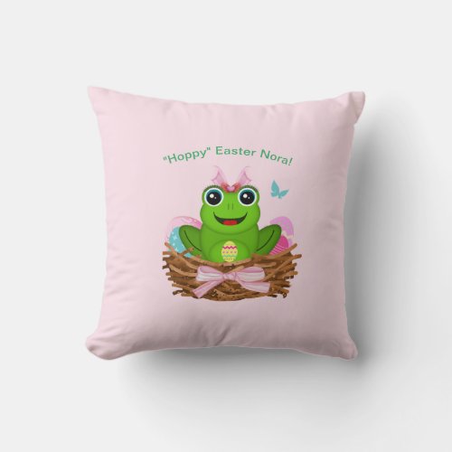 Hoppy Easter Leap Year Frog in Basket with Eggs  Throw Pillow