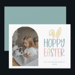 Hoppy Easter Photo Holiday Card<br><div class="desc">Hoppy Easter Photo Holiday card. Features,  pastel typography with bunny ear accent,  arched photo frame and coordinating teal backing color.</div>