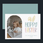 Hoppy Easter Photo Holiday Card<br><div class="desc">Hoppy Easter Photo Holiday card. Features,  pastel typography with bunny ear accent,  arched photo frame and coordinating teal backing color.</div>