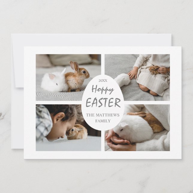 Hoppy Easter Photo Holiday Card. White Background  (Front)