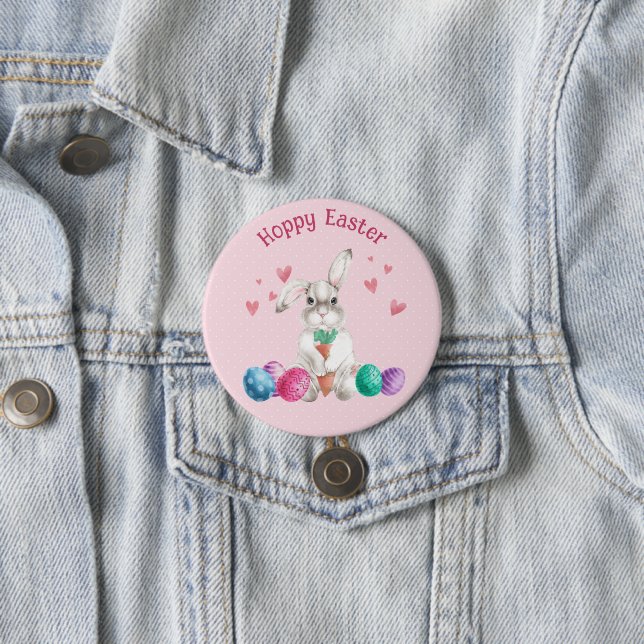 Hoppy Easter Pink Polka Dot Bunny Rabbit Button (In Situ)
