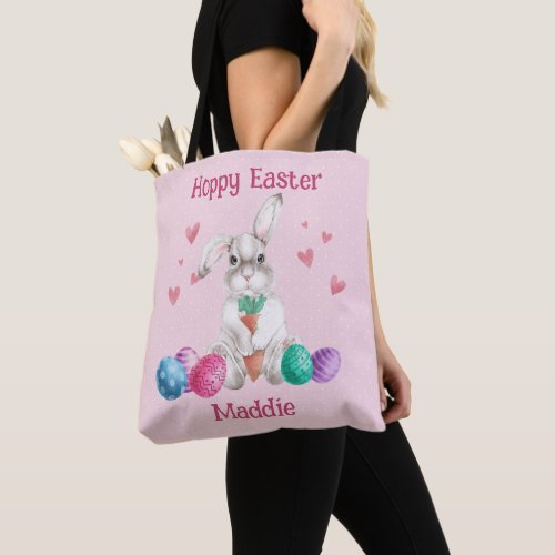 Hoppy Easter Pink Polka Dot Bunny Rabbit Egg Hunt  Tote Bag