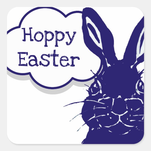 Hoppy Easter Rabbit Bunny Funny Blue Illustration Square Sticker (Front)