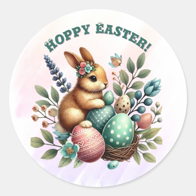 Hoppy Easter Rabbit Easter Eggs Classic Round Sticker (Front)