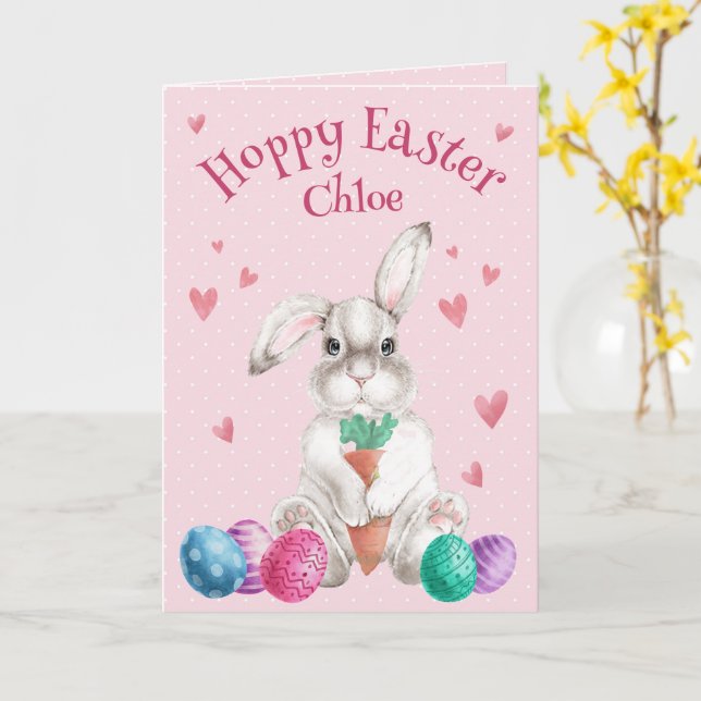 HOPPY EASTER Watercolor Bunny Personalized Card (Yellow Flower)