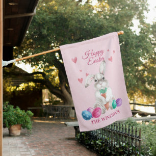 HOPPY EASTER Watercolor Bunny with Easter Eggs  House Flag