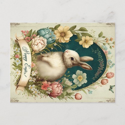 Hoppy Easter with Vintage Bunny and Floral  Postcard