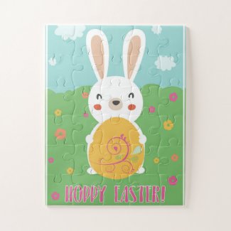 Hoppy Easter word pun cartoon bunny easter egg Jigsaw Puzzle