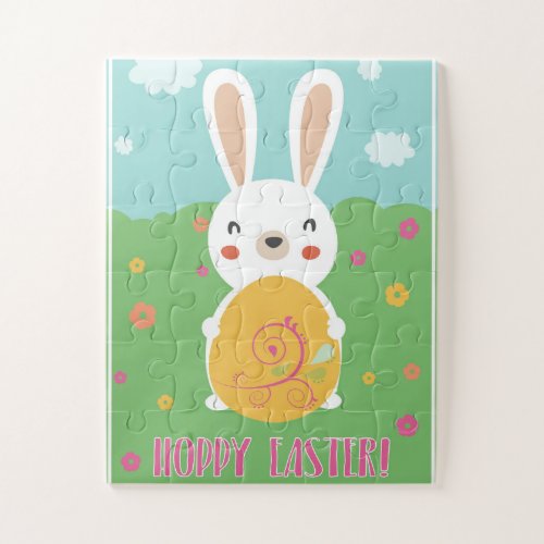 Hoppy Easter word pun cartoon bunny easter egg Jigsaw Puzzle