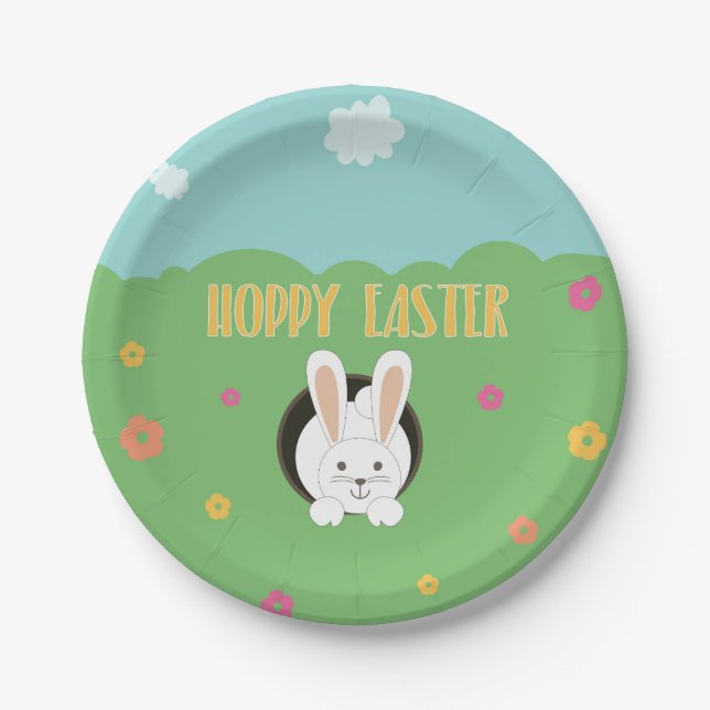 Hoppy Easter word pun white bunny Paper Plates (Front)