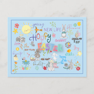 Hoppy Easter Wordart Greetings Blue Background Postcard