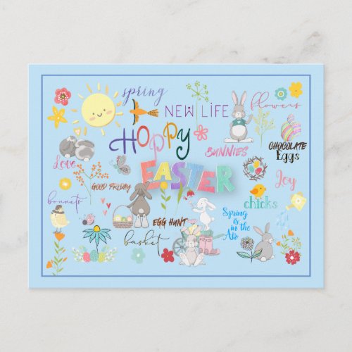 Hoppy Easter Wordart Greetings Blue Background Postcard