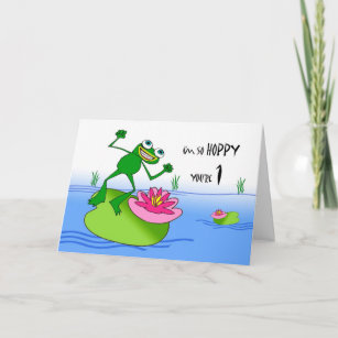 Hoppy First Birthday, Funny Frog at Pond Card