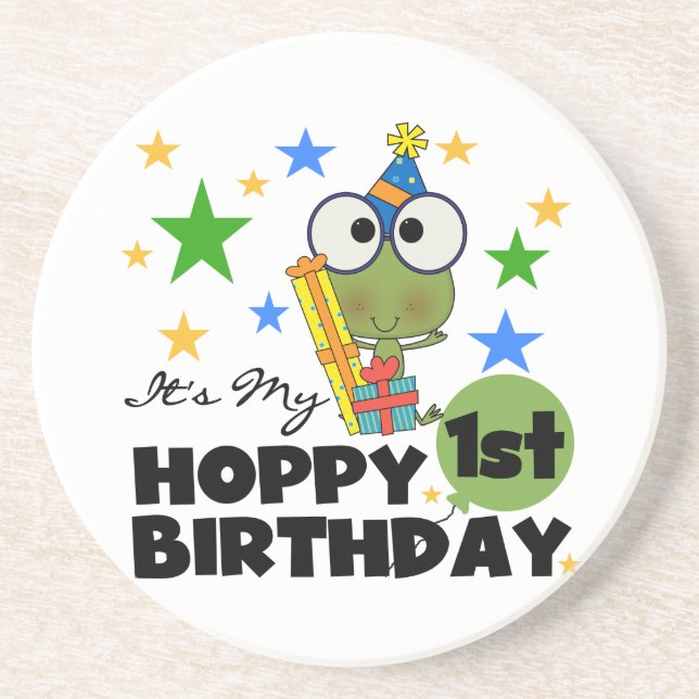 Hoppy Frog 1st Birthday T shirts and Gifts Sandstone Coaster (Front)