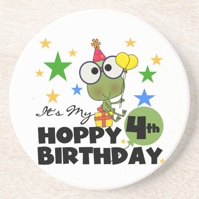 Hoppy Frog 4th Birthday T-shirts and Gifts Drink Coaster (Front)