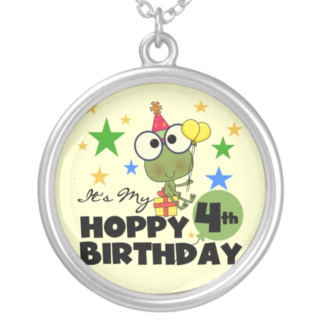 Hoppy Frog 4th Birthday T-shirts and Gifts Silver Plated Necklace (Front)