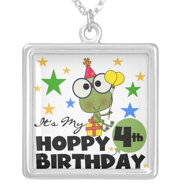 Hoppy Frog 4th Birthday T-shirts and Gifts Silver Plated Necklace (Front)