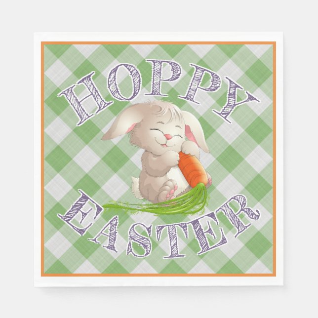 Hoppy Happy Easter Bunny Green Gingham Pattern Paper Napkins (Front)