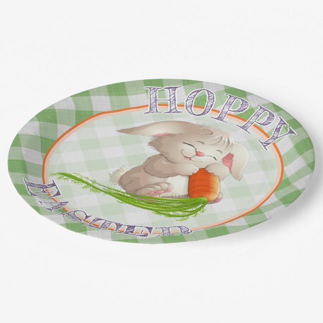 Hoppy Happy Easter Bunny Green Gingham Pattern Paper Plates (Angled)