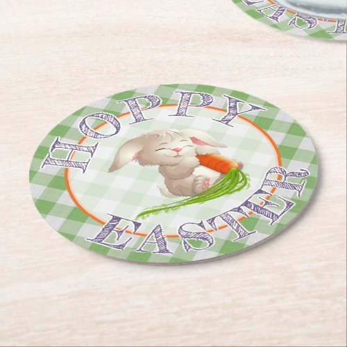 Hoppy Happy Easter Bunny Green Gingham Pattern Round Paper Coaster