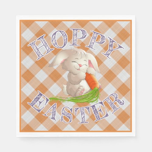 Hoppy Happy Easter Bunny Orange Gingham Pattern Napkins