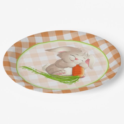 Hoppy Happy Easter Bunny Orange Gingham Pattern Paper Plates