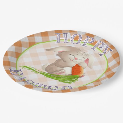 Hoppy Happy Easter Bunny Orange Gingham Pattern Paper Plates