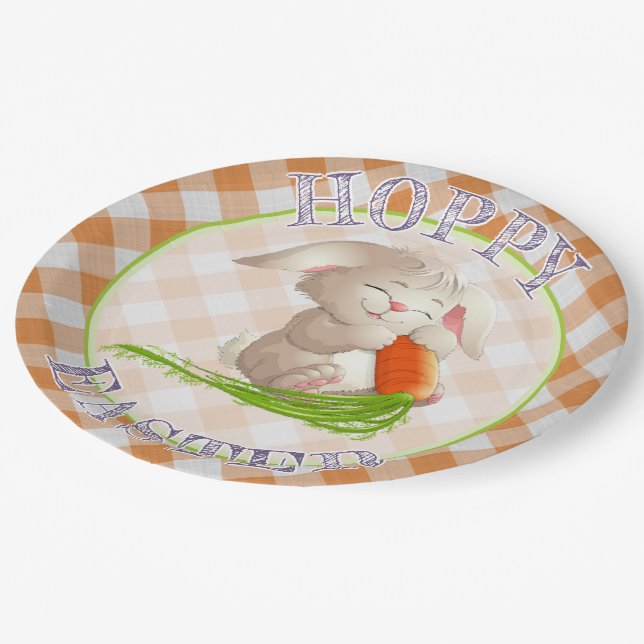 Hoppy Happy Easter Bunny Orange Gingham Pattern Paper Plates (Angled)