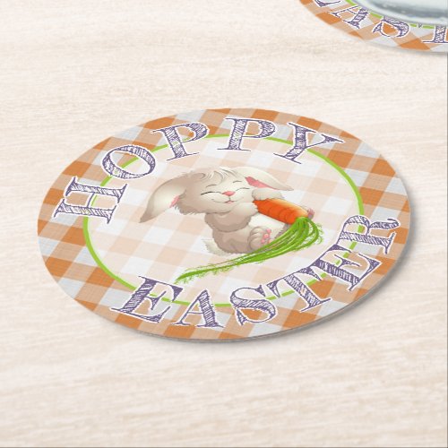 Hoppy Happy Easter Bunny Orange Gingham Pattern Round Paper Coaster
