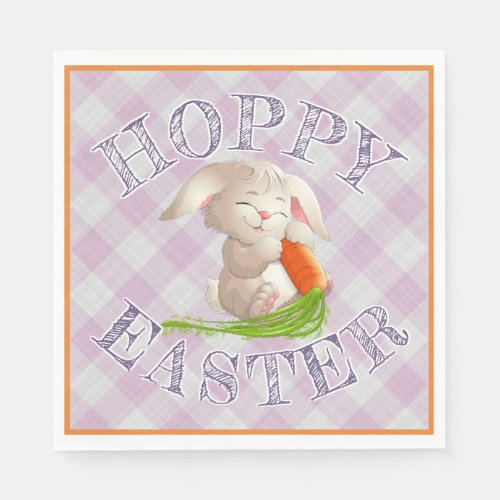 Hoppy Happy Easter Bunny Pink Gingham Pattern Paper Napkins