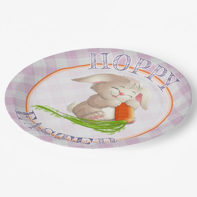 Hoppy Happy Easter Bunny Pink Gingham Pattern Paper Plates (Angled)