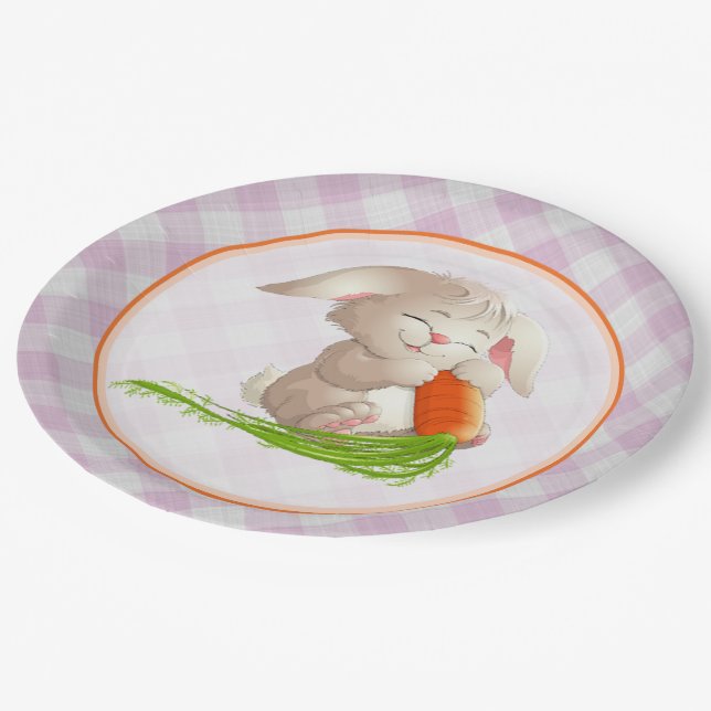 Hoppy Happy Easter Bunny Pink Gingham Pattern Paper Plates (Angled)
