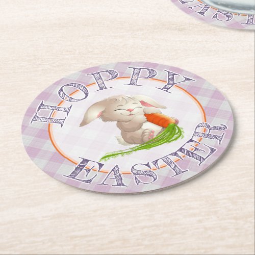 Hoppy Happy Easter Bunny Pink Gingham Pattern Round Paper Coaster