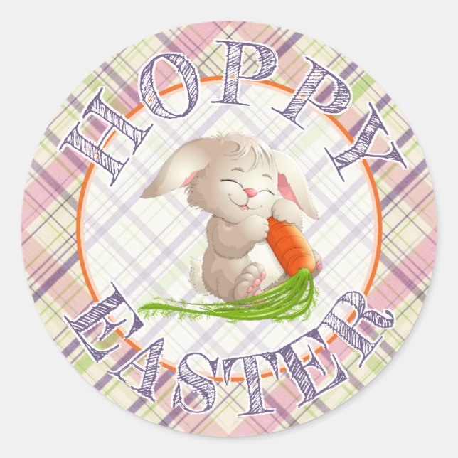 Hoppy Happy Easter Bunny Stripes And Plaid Pattern Classic Round Sticker (Front)