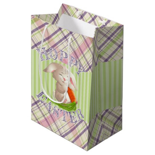 Hoppy Happy Easter Bunny Stripes And Plaid Pattern Medium Gift Bag