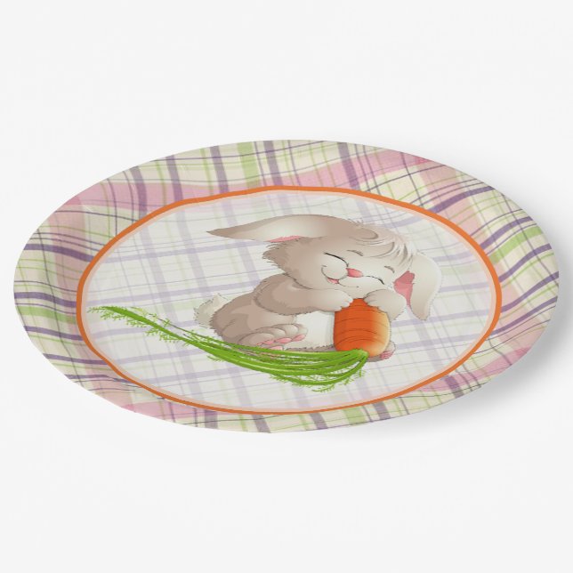 Hoppy Happy Easter Bunny Stripes And Plaid Pattern Paper Plates (Angled)