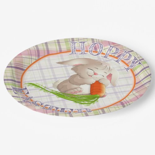 Hoppy Happy Easter Bunny Stripes And Plaid Pattern Paper Plates