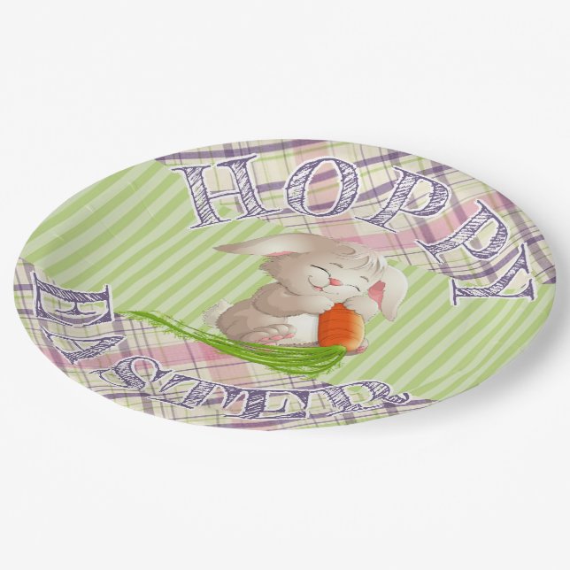 Hoppy Happy Easter Bunny Stripes And Plaid Pattern Paper Plates (Angled)
