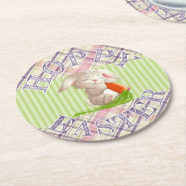 Hoppy Happy Easter Bunny Stripes And Plaid Pattern Round Paper Coaster (Angled)