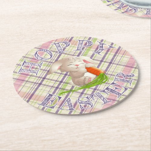 Hoppy Happy Easter Bunny Stripes And Plaid Pattern Round Paper Coaster