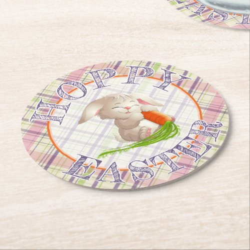 Hoppy Happy Easter Bunny Stripes And Plaid Pattern Round Paper Coaster