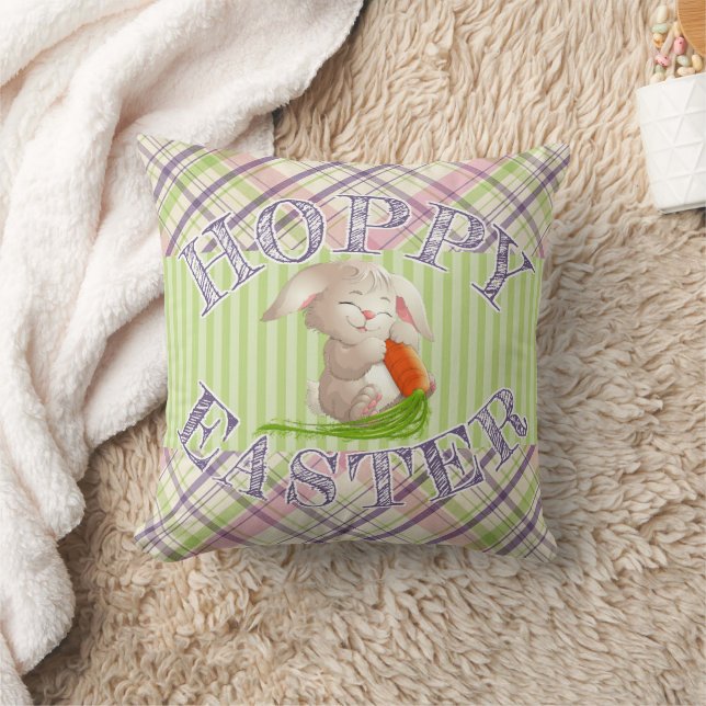 Hoppy Happy Easter Bunny Stripes And Plaid Pattern Throw Pillow (Blanket)