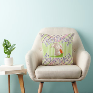 Hoppy Happy Easter Bunny Stripes And Plaid Pattern Throw Pillow
