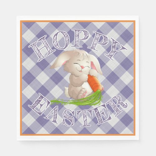Hoppy Happy Easter Bunny Violet Gingham Pattern Paper Napkins