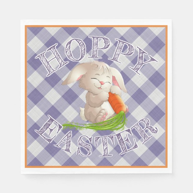 Hoppy Happy Easter Bunny Violet Gingham Pattern Paper Napkins (Front)