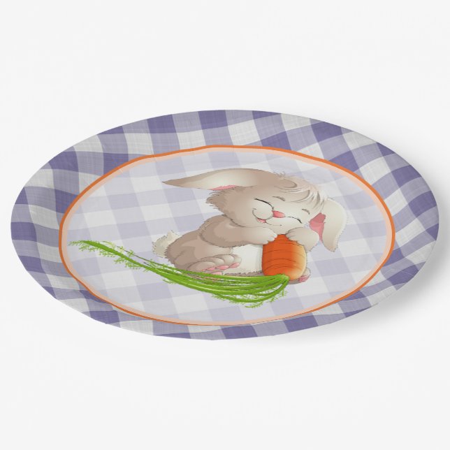 Hoppy Happy Easter Bunny Violet Gingham Pattern Paper Plates (Angled)